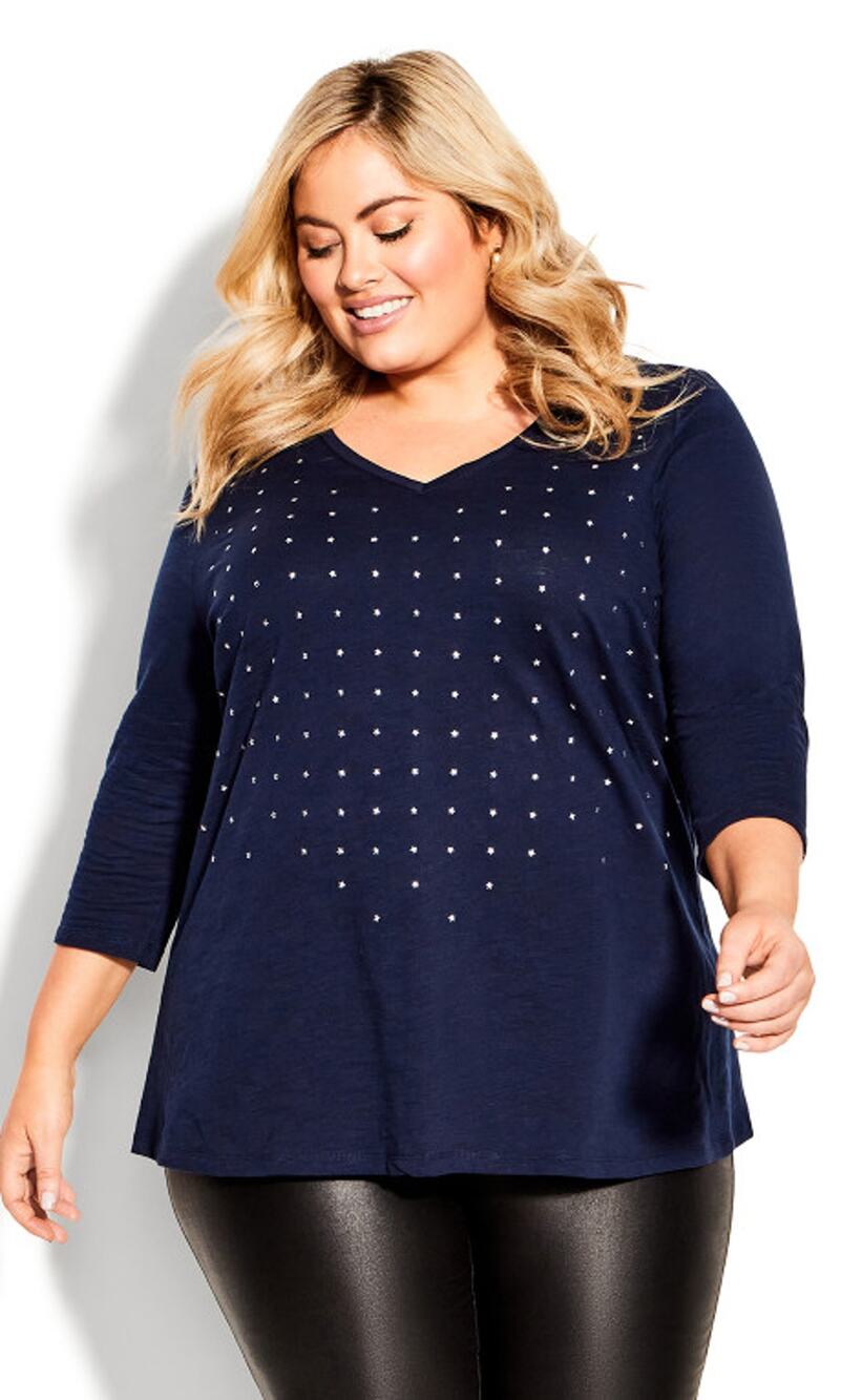 AVENUE Women's Navy Sparkling Stars V-Neck 3/4 Sleeve Tee | Size 30/32 NWT